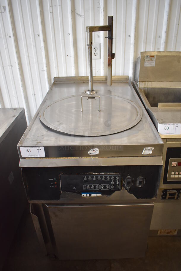 Giles Stainless Steel Commercial Electric Powered Floor Style Fryer w/ Metal Basket and Lid on Commercial Casters. 208 Volts, 3 Phase. 24x39x53