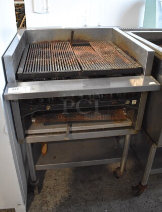 Stainless Steel Commercial Natural Gas Powered Charbroiler Grill on Equipment Stand w/ Commercial Casters. 30x32x42