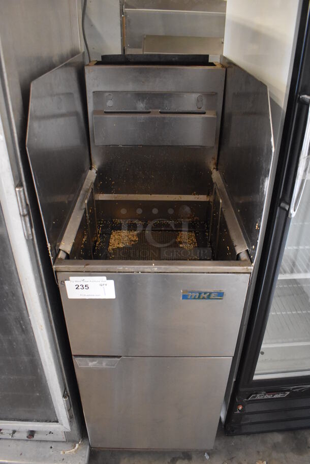 MKE Stainless Steel Commercial Floor Style Natural Gas Powered Deep Fat Fryer w/ 2 Side Splash Guards. 16x27x48
