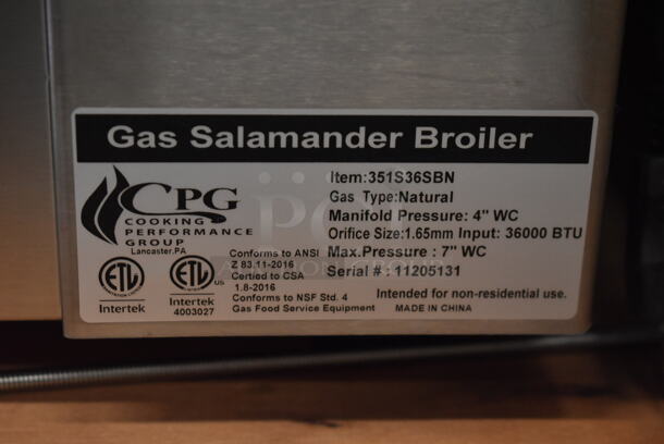 BRAND NEW SCRATCH AND DENT! Cooking Performance Group CPG 351S36SBN Stainless Steel Commercial Natural Gas Powered Salamander Broiler Cheese Melter. 36,000 BTU. Tested and Working! - Image 4 of 6