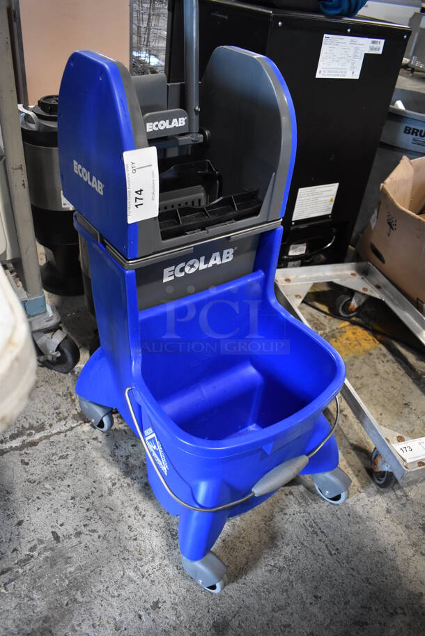 Ecolab Blue and Gray Poly Mop Bucket w/ Wringing Attachment on Commercial Casters. 16x21x39 - Image 3 of 4