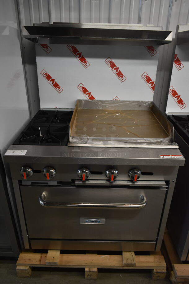 BRAND NEW SCRATCH AND DENT! KoolMore Stainless Steel Commercial Natural Gas Powered 2 Burner Range w/ Flat Top Griddle, Oven, Over Shelf and Back Splash.  - Image 2 of 11