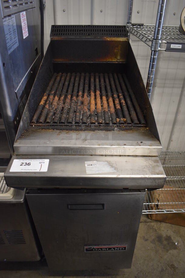 Garland M17B Stainless Steel Commercial Floor Style Natural Gas Powered Charbroiler Grill on Commercial Casters. 17x38x46