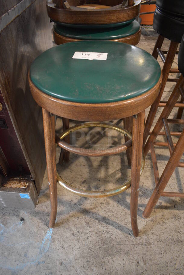 3 Wooden Stools w/ Green Seat. 18x18x31. 3 Times Your Bid!