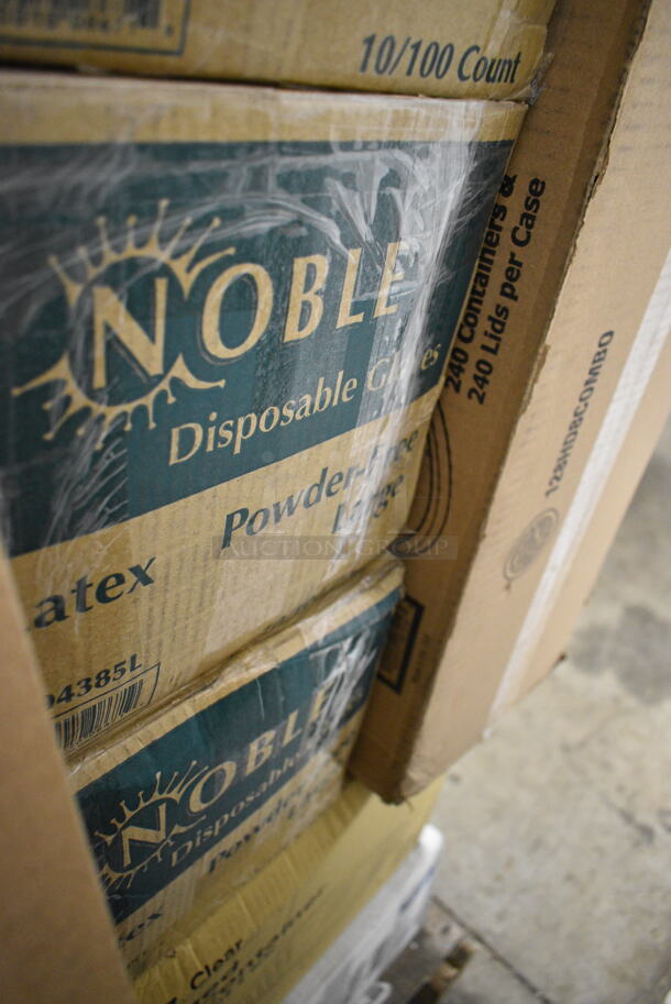 PALLET LOT of 30 BRAND NEW Boxes Including 4 Box 347RPBD6WHGD Visions 6" White Plastic Plate with Gold Bands - 150/Case, 2 Box 129MCR24B Choice 24 oz. Black Round Microwavable Heavy Weight Container with Lid 7 1/4" - 150/Case, Carnival King 32 oz Popcorn Cups, 130HFWH1M Visions White Heavy Weight Plastic Fork - Case of 1000, 129MCR24B Choice 24 oz. Black Round Microwavable Heavy Weight Container with Lid 7 1/4" - 150/Case, 394EN503L Noble Products Powder-Free Disposable Blue Exam Grade Nitrile 4 Mil Thick Textured Gloves - Large - 1000/Case, 394385L Noble Products White Powder-Free Disposable Latex Gloves for Foodservice - Large - 1000/Case, Choice 8 oz Deli Container, 3 Box 34385L Noble Large Gloves, 24 oz Clear Hinged Deli Container, 128HD8COMBO ChoiceHD 8 oz. Microwavable Translucent Plastic Deli Container and Lid Combo Pack - 240/Case, 129MCR24B Choice 24 oz. Black Round Microwavable Heavy Weight Container with Lid 7 1/4" - 150/Case, 553SLB129 Acopa Weave 9" x 6" Oval Natural Woven Plastic Rattan Basket - 12/Case, Dixie 10" Plates. 30 Times Your Bid! - Image 8 of 12