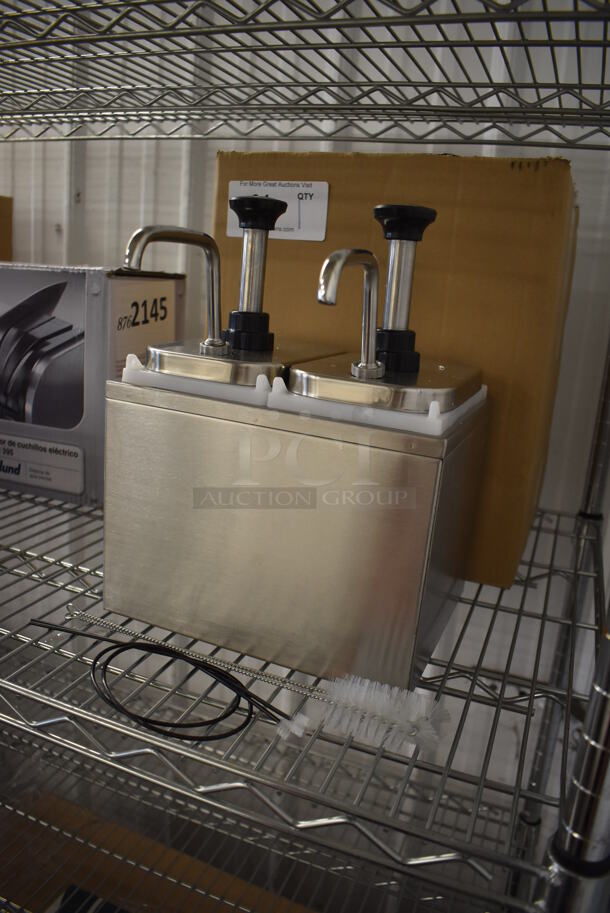BRAND NEW IN BOX! ServSense Stainless Steel Double 2 Qt. Condiment Dispenser w/ 2 Pump Tops. 10x12x13 - Image 3 of 7