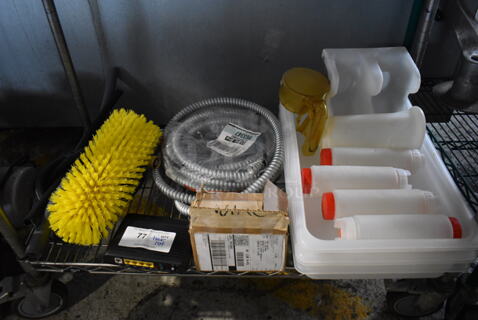 ALL ONE MONEY! Tier Lot of Various Items Including Poly Condiment Bottles and Brush