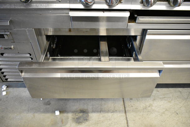 Jade Range Stainless Steel Commercial Gas Powered Flat Top Griddle w/ 2 Burner Range, Charbroiler Grill and 4 Drawer Chef Base on Commercial Casters. Cannot Test Chef Base - Appears To Have Been Hardwired - Image 7 of 12