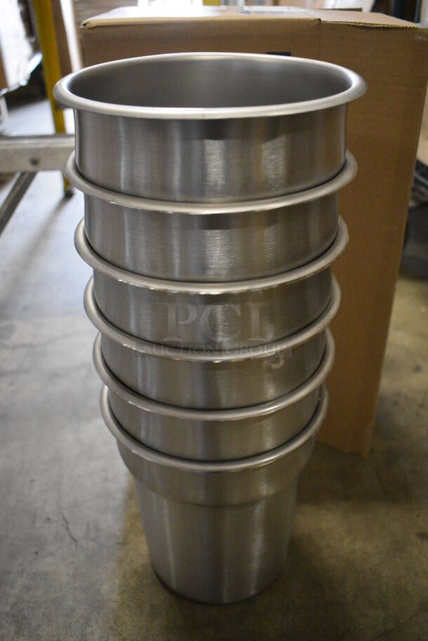 6 BRAND NEW IN BOX! Vollrath Stainless Steel Cylindrical Drop In Bins. 7.5x7.5x8. 6 Times Your Bid!