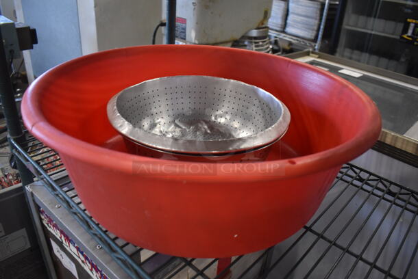 3 Various Items; 2 Metal Colanders and 1 Red Poly Bowl. Includes 13x13x4, 21x21x7. 3 Times Your Bid! - Image 2 of 3