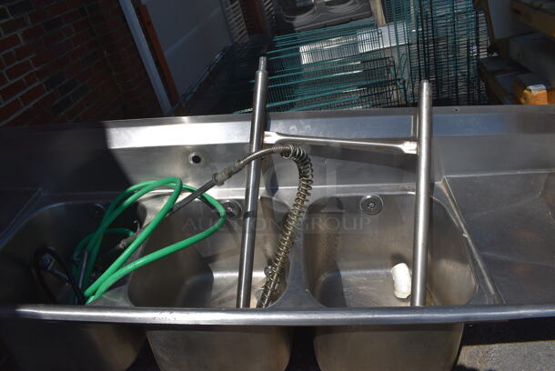 Stainless Steel Commercial 3 Bay Sink w/ Dual Drainboards, Handles, Faucet and Spray Nozzle. Legs Need To Be Attached. 89x26x44. Bays 16x20x14. Drainboards 20x22x2 - Image 2 of 5