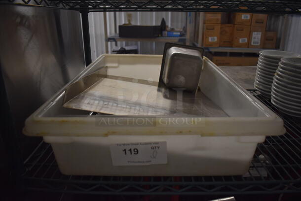 ALL ONE MONEY! Lot of Various Items Including Splash Guard and Bins in Poly Bin - Image 1 of 3