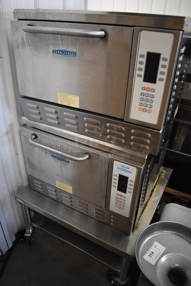2 Turbochef NGC Stainless Steel Commercial Countertop Electric Powered Rapid Cook Ovens on Stainless Steel Equipment Stand w/ Commercial Casters. 208/240 Volts, 1 Phase. 30x30x64. 2 Times Your Bid!