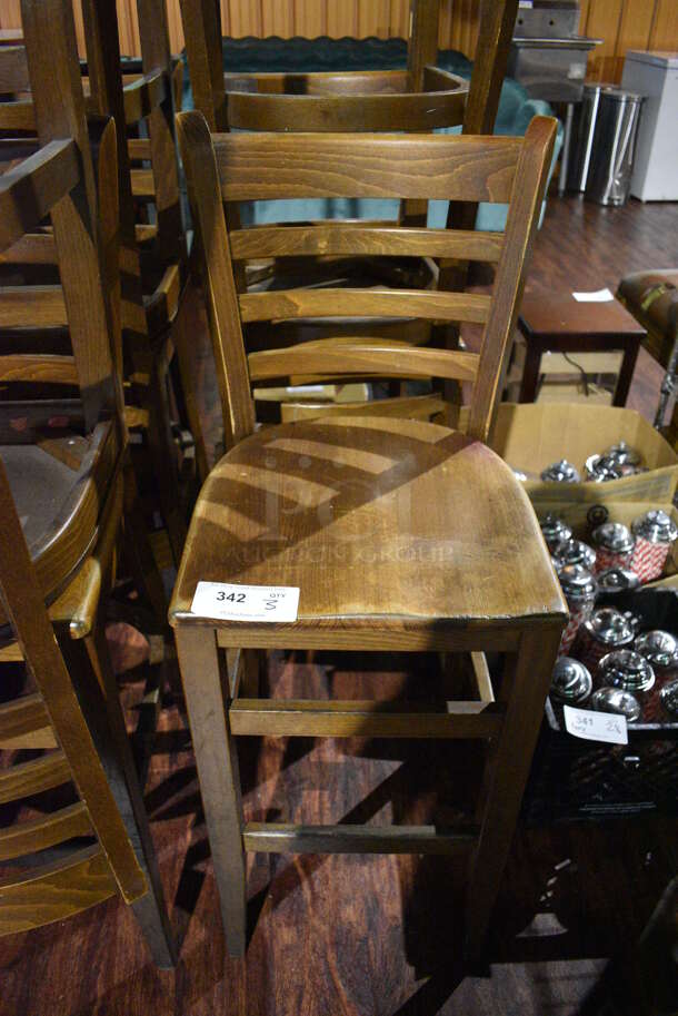 3 Wooden Bar Height Chairs w/ Horizontal Back Rest Bars. 16x16x45. 3 Times Your Bid! (lounge)
