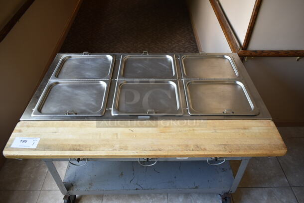 Stainless Steel Commercial 3 Well Steam Table w/ Butcher Block Cutting Board and Under Shelf on Commercial Casters. Tested and Does Not Power On. (front hallway) - Image 4 of 7