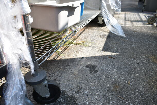 Chrome Finish 4 Tier Wire Shelving Unit w/ Contents Including Poly Bins, Poly Lids, Bus Bin. BUYER MUST DISMANTLE. PCI CANNOT DISMANTLE FOR SHIPPING. PLEASE CONSIDER FREIGHT CHARGES. - Image 2 of 12