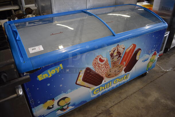 Model SD-616 Metal Commercial Novelty Ice Cream Chest Freezer on Commercial Casters. 115 Volts, 1 Phase. 71x28x37. Tested and Powers On But Does Not Get Cold.