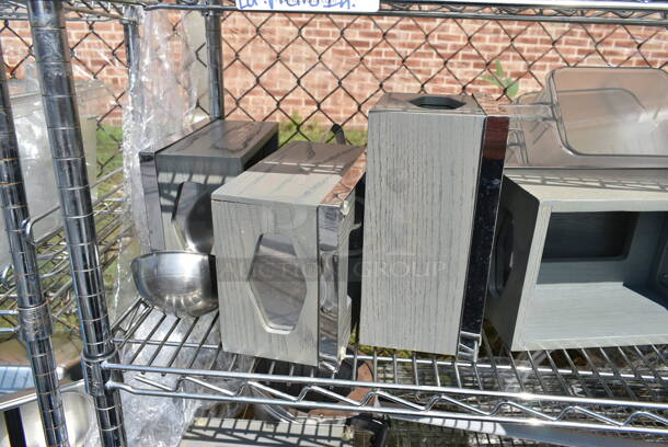 Chrome Finish 5 Tier Wire Shelving Unit w/ Contents Including Muffin Baking Pans, Poly Bins. BUYER MUST DISMANTLE. PCI CANNOT DISMANTLE FOR SHIPPING. PLEASE CONSIDER FREIGHT CHARGES.   - Image 7 of 12