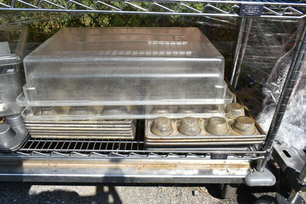 Chrome Finish 5 Tier Wire Shelving Unit w/ Contents Including Muffin Baking Pans, Poly Bins. BUYER MUST DISMANTLE. PCI CANNOT DISMANTLE FOR SHIPPING. PLEASE CONSIDER FREIGHT CHARGES.   - Image 12 of 12