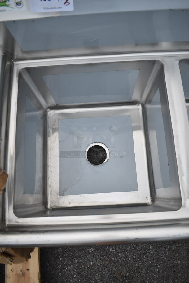 BRAND NEW SCRATCH AND DENT! Regency 600S31818 63" 16 Gauge Stainless Steel Three Compartment Commercial Sink with Stainless Steel Legs and Cross Bracing - 18" x 18" x 14" Bowls. No Legs.  - Image 6 of 7