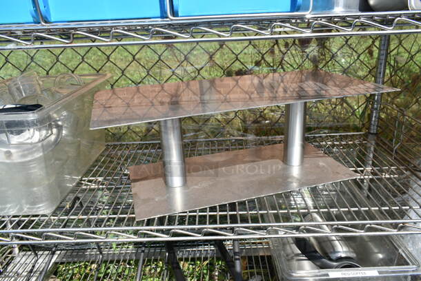 Chrome Finish 5 Tier Shelving Unit w/ Contents Including Blue Silverware Caddies, China Cap Strainers. BUYER MUST DISMANTLE. PCI CANNOT DISMANTLE FOR SHIPPING. PLEASE CONSIDER FREIGHT CHARGES.  - Image 9 of 12