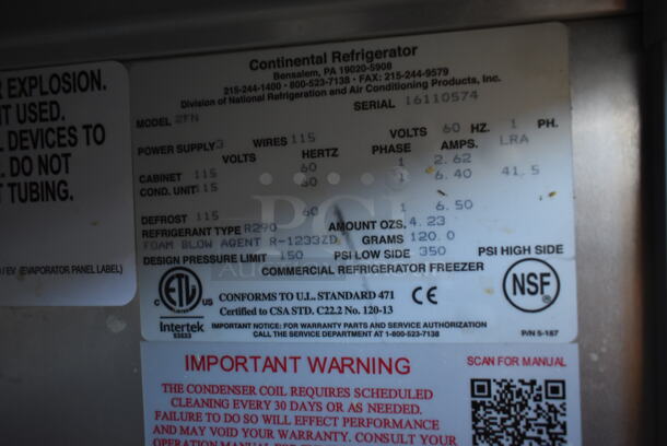Continental 2FN Stainless Steel Commercial 2 Door Reach In Freezer w/ Poly Coated Racks. 115 Volts, 1 Phase. Tested and Working! - Image 8 of 9