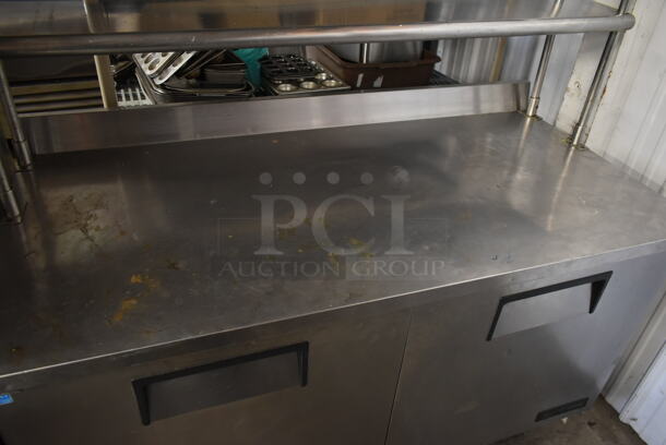 2014 True TWT-60 Stainless Steel Commercial 2 Door Work Top Cooler w/ 2 Tier Over Shelf on Commercial Casters. 115 Volts, 1 Phase. Tested and Working! - Image 3 of 8