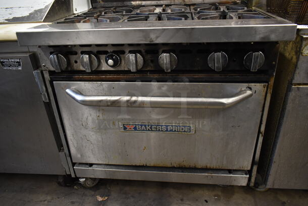 Bakers Pride Stainless Steel Commercial Natural Gas Powered 6 Burner Range w/ Oven and Back Splash on Commercial Casters. - Image 4 of 7