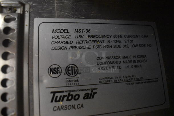 Turbo Air MST-36 Commercial Stainless Steel Sandwich/Salad Prep Table With 11 Drop-In Bins And Two-Door Refrigerated Base And Polycoated Shelves. 115V. Tested and Working! - Image 7 of 7