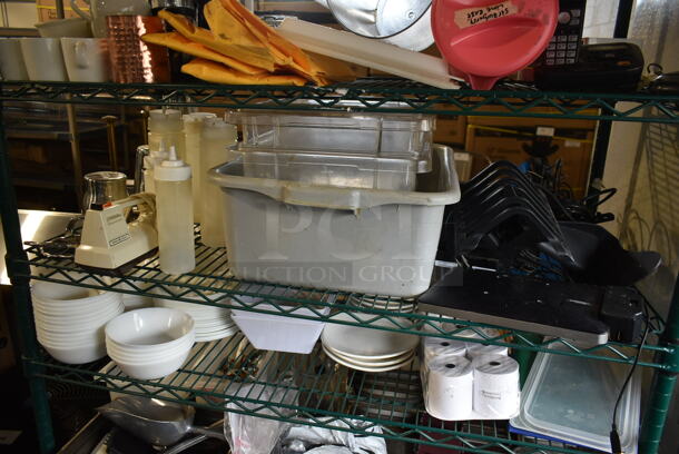 ALL ONE MONEY! Five Tier Lot of Various Items Including Stainless Steel Drop In Bins and Dishes. Does Not Include Shelving Unit. - Image 4 of 6