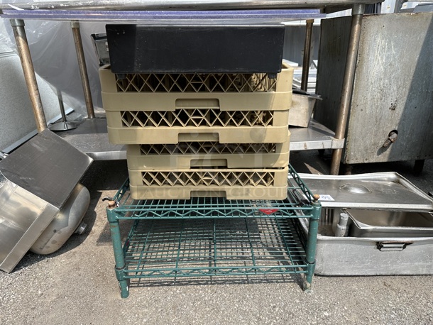 ALL ONE MONEY! Lot of Metro Green Finish 2 Tier Wire Shelving Unit, Dish Caddies and Metal Panel. - Image 5 of 5