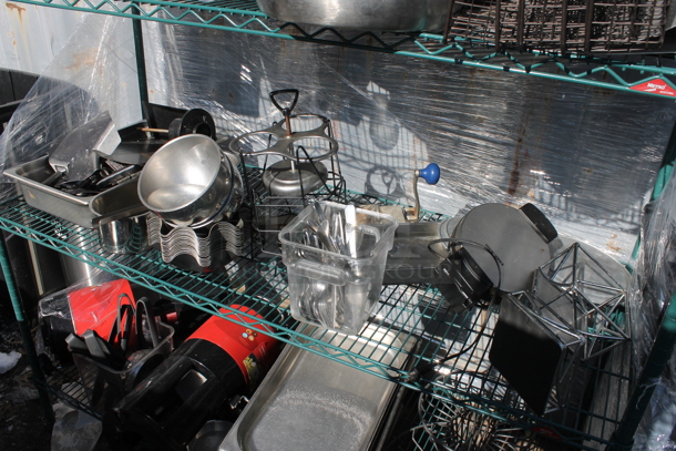 Metro Green Finish 4 Tier Wire Shelving Unit w/ Contents Including Poly Drop In Bins. BUYER MUST DISMANTLE. PCI CANNOT DISMANTLE FOR SHIPPING. PLEASE CONSIDER FREIGHT CHARGES. - Image 3 of 5