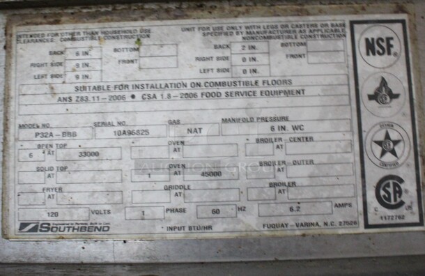 Southbend Model P32A-BBB Stainless Steel Commercial Natural Gas Powered 6 Burner Range w/ Oven on Commercial Casters. 32x38x42 - Image 7 of 7