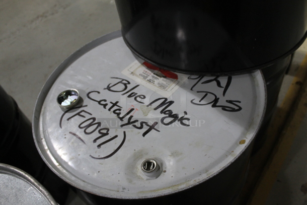 ALL ONE MONEY! Lot of 5 Metal Barrels; WD Zinc, Blue Magic Catalyst, MC Catalyst. BUYER MUST REMOVE. - Image 8 of 12