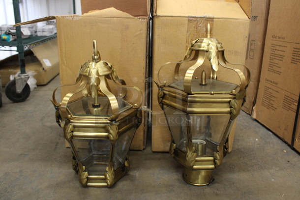 2 BRAND NEW SCRATCH AND DENT! Gold Finish Metal Light Fixtures. 10x10x17, 10x10x15. 2 Times Your Bid!