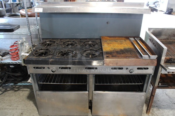Garland Stainless Steel Commercial Propane Gas Powered 6 Burner Range w/ Flat Top Griddle, 2 Ovens, Over Shelf and Back Splash. Oven Doors and Door Handles Are Not Attached. Unit Appears To Have Been In The Process of Being Refurbished. 60x32x58
