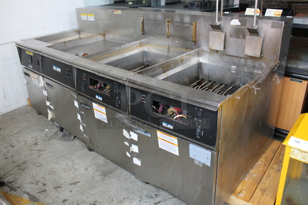 Giles EOF-24 Stainless Steel Commercial Floor Style Electric Powered 3 Bay Fryer w/ Filtration System on Commercial Casters. 480 Volts, 1 Phase. - Item #1075723