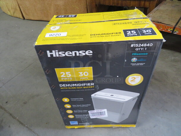 One Hisense Dehumidifier With Slide Out Bucket. #1524840. 25 Pints. #DH302OKIW.