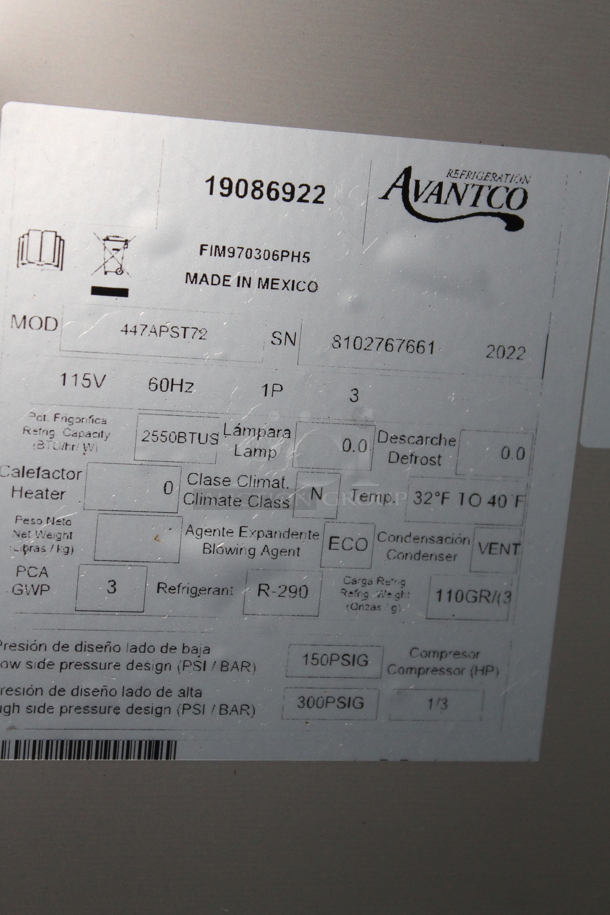LIKE NEW! 2022 Avantco A Plus 447APST72 Stainless Steel Commercial Sandwich Salad Refrigerated Prep Table Bain Marie Mega Top. Comes w/ Commercial Casters. 115 Volts, 1 Phase. Unit Has Only Been Used a Few Times! Tested and Working! - Image 11 of 12