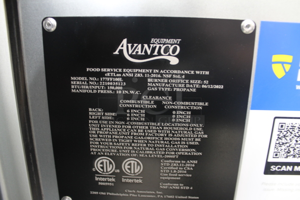 BRAND NEW SCRATCH AND DENT! Avantco FF100 Liquid Propane 70-100 lb. Stainless Steel Tube Floor Fryer on Commercial Casters- 150,000 BTU - Image 8 of 11