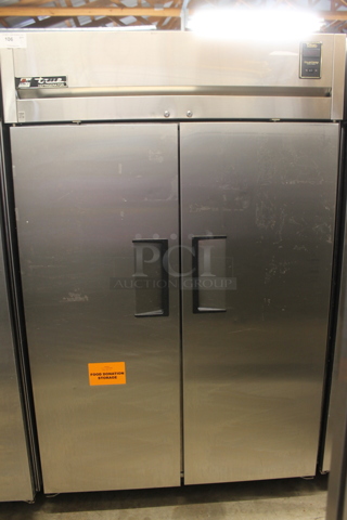 True TG2R-2S ENERGY STAR Stainless Steel Commercial 2 Door Reach In Cooler w/ Poly Coated Racks on Commercial Casters. 115 Volts, 1 Phase. Tested and Working!