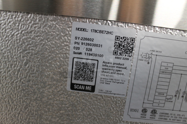 BRAND NEW SCRATCH AND DENT! Avantco 178CBE72HC Commercial Stainless Steel Electric 4-Door Refrigerated Chef Base On Commercial Casters.  115 Volts, 1 Phase. Tested and Working! - Image 10 of 11