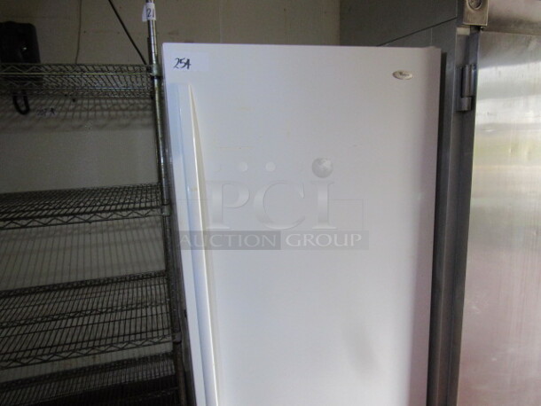 One 1 Door Whirlpool Freezer With 3 Shelves. BUYER MUST REMOVE! 115 Volt. Model# EV250NXRQ03. 36X32X68