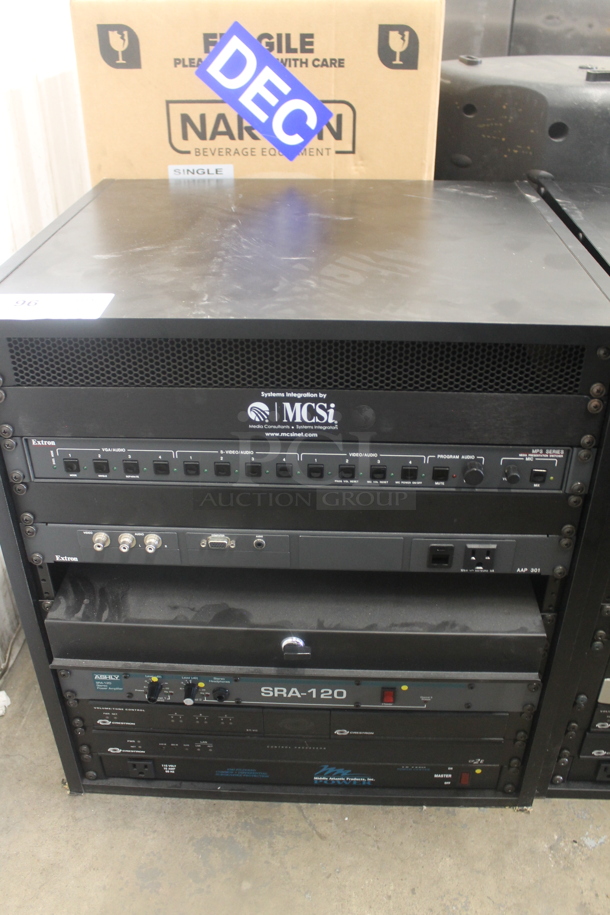 6 Electronic Rack Units in Black Metal Cabinet; Middleby Atlantic Power Center, Crestron Control Processor, Crestron Volume Tone Control, Ashly SRA-120 Power Amplifier, Extron AAP 301 Interface Extron Media Presentation Switcher. 6 Times Your Bid!   - Image 1 of 12