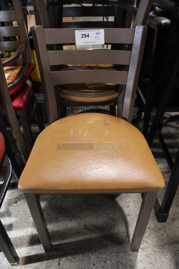 5 Brown Metal Dining Chairs w/ Tan Seat Cushion. 16x17x32. 5 Times Your Bid!