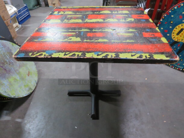 One 30X30X30 Abstract Painted  Table Top On A Pedestal Base. Chipped Corner See Pic. - Image 3 of 3