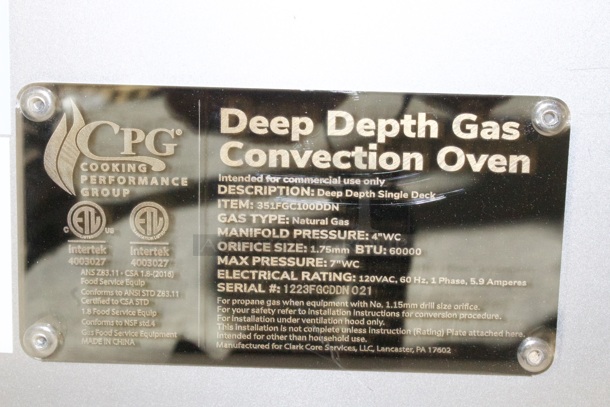 Cooking Performance Group FGC-100-DDN Deep Depth Single Deck Full Size Natural Gas Convection Oven with Legs - 60,000 BTU. 1ph 120v 38x47x57 - Image 7 of 7