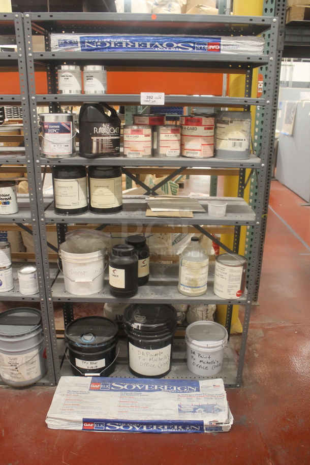 Gray Metal 7 Tier Shelving Unit w/ Contents Including Chemicals, Shingles and Epoxy Floor Coating. BUYER MUST REMOVE. - Image 1 of 7