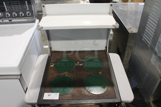 VINTAGE! Alacazar Metal Commercial Gas Powered 4 Burner Range w/ Oven, Over Shelf and Back Splash.  - Image 2 of 9
