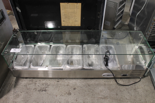 BRAND NEW SCRATCH AND DENT! KoolMore SCDC-6P-SG Stainless Steel Commercial Countertop Refrigerated Rail w/ 6 Drop In Bins and Glass Sneeze Guard. 115 Volts, 1 Phase. Tested and Working!